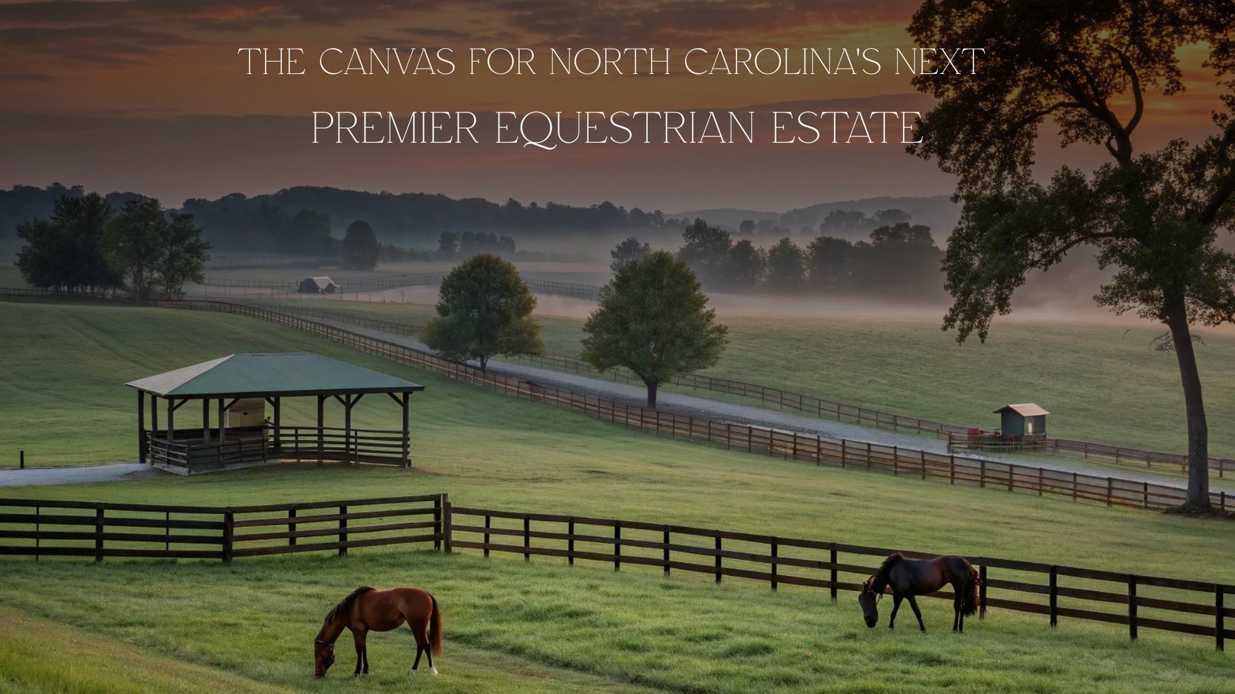 The canvas for North Carolina's next premier equestrian estate — horses grazing at dawn on rolling fenced pasture