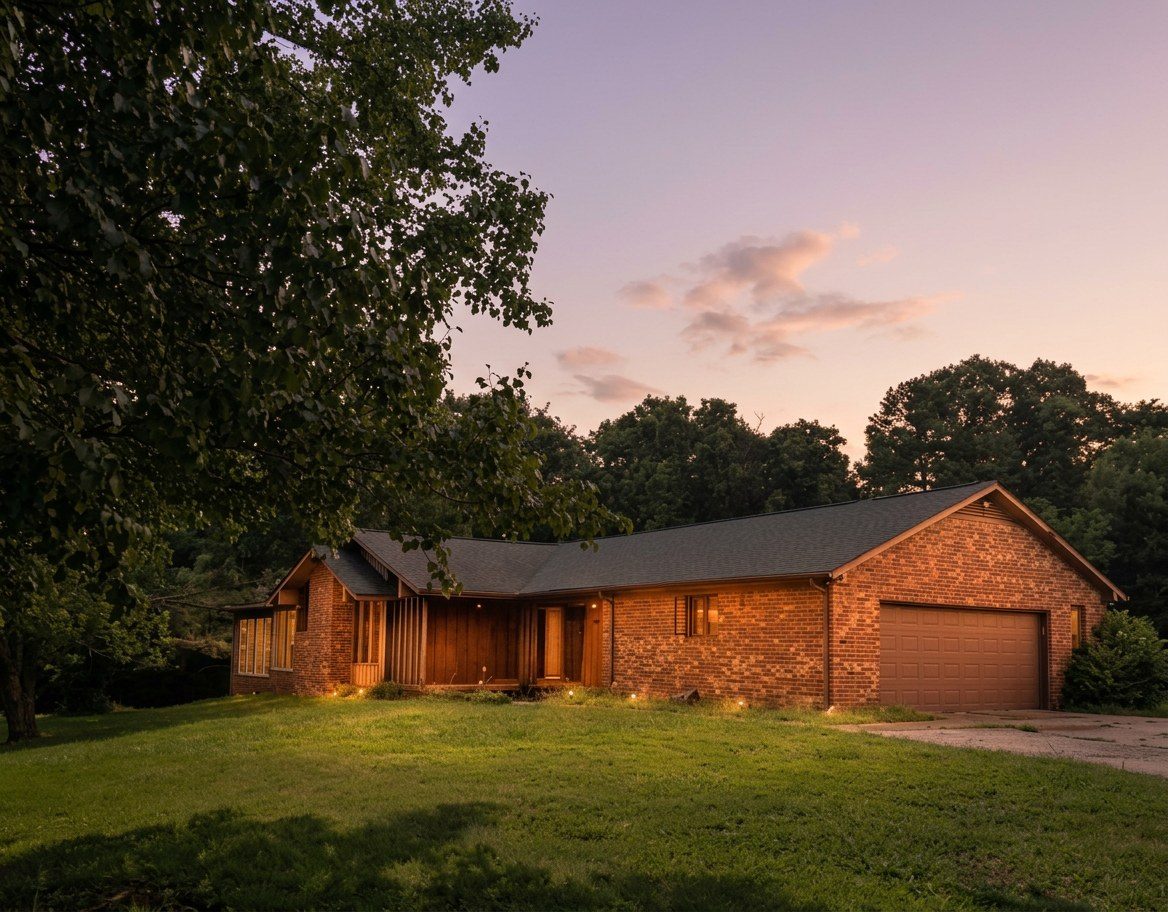 2555 Biggers Road — existing residence at dusk