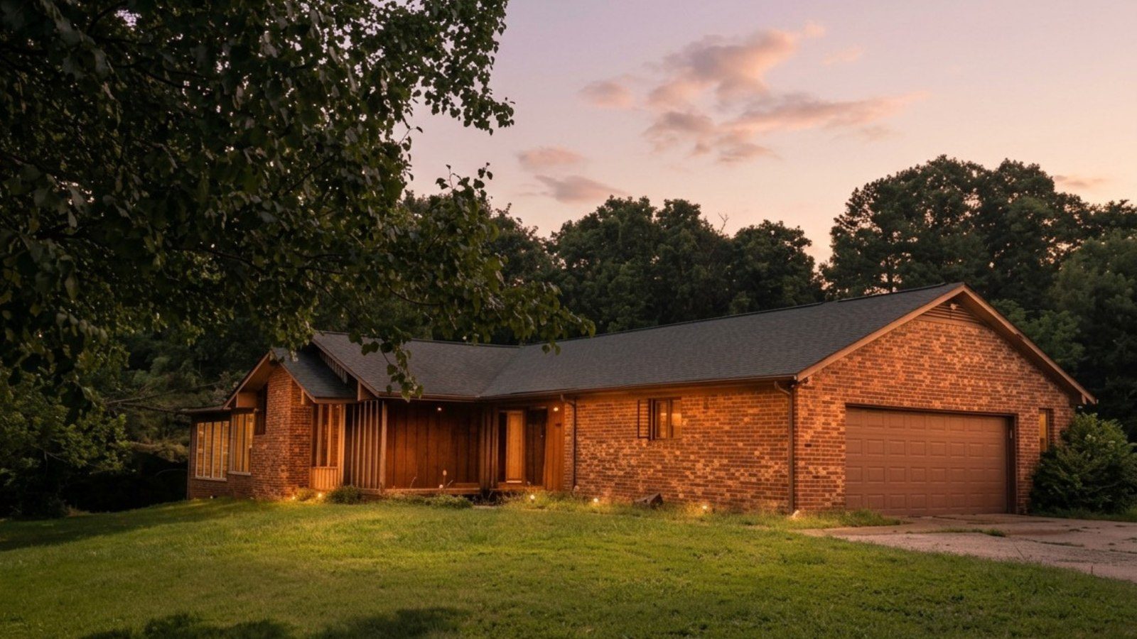 2555 residence — brick ranch home at dusk with landscape lighting