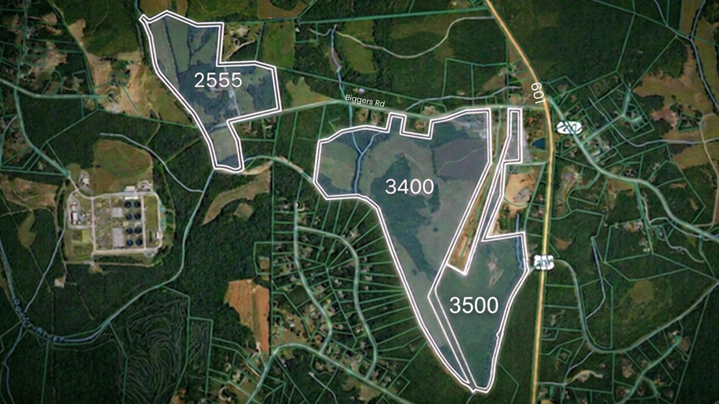 Biggers Road Assemblage — all three parcels in context, ±278 acres, Concord NC